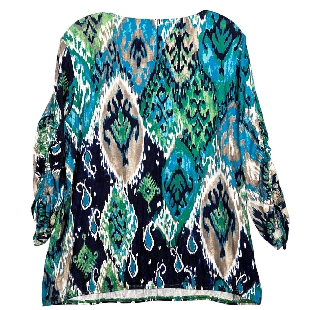 Chico's Womens Ikat Print Blouse Size L Blue Green Ruched 3/4 Sleeve Scoop Neck - Picture 4 of 7